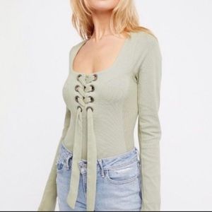 Free People sage green lace up top